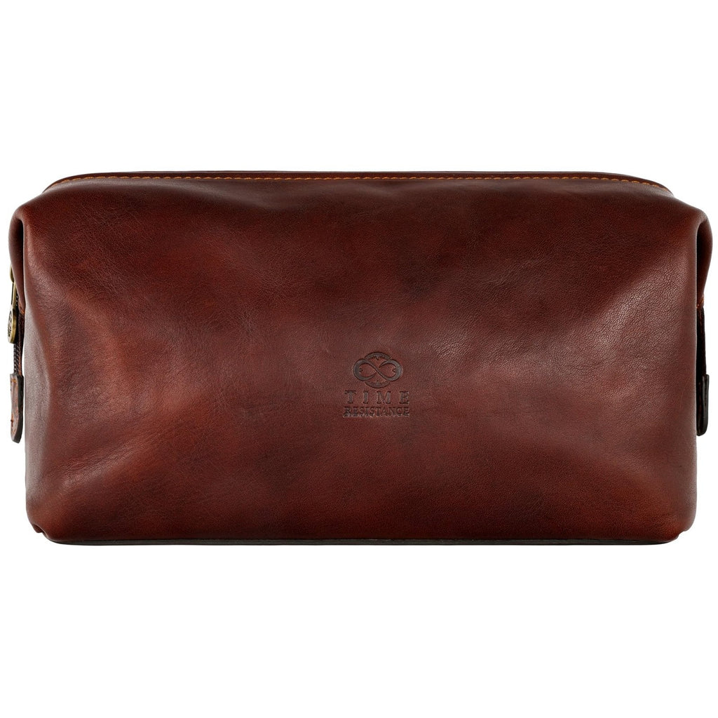 Time Resistance Leather Toiletry Bag - Italian Cosmetic Case Dopp Kit (Brown)