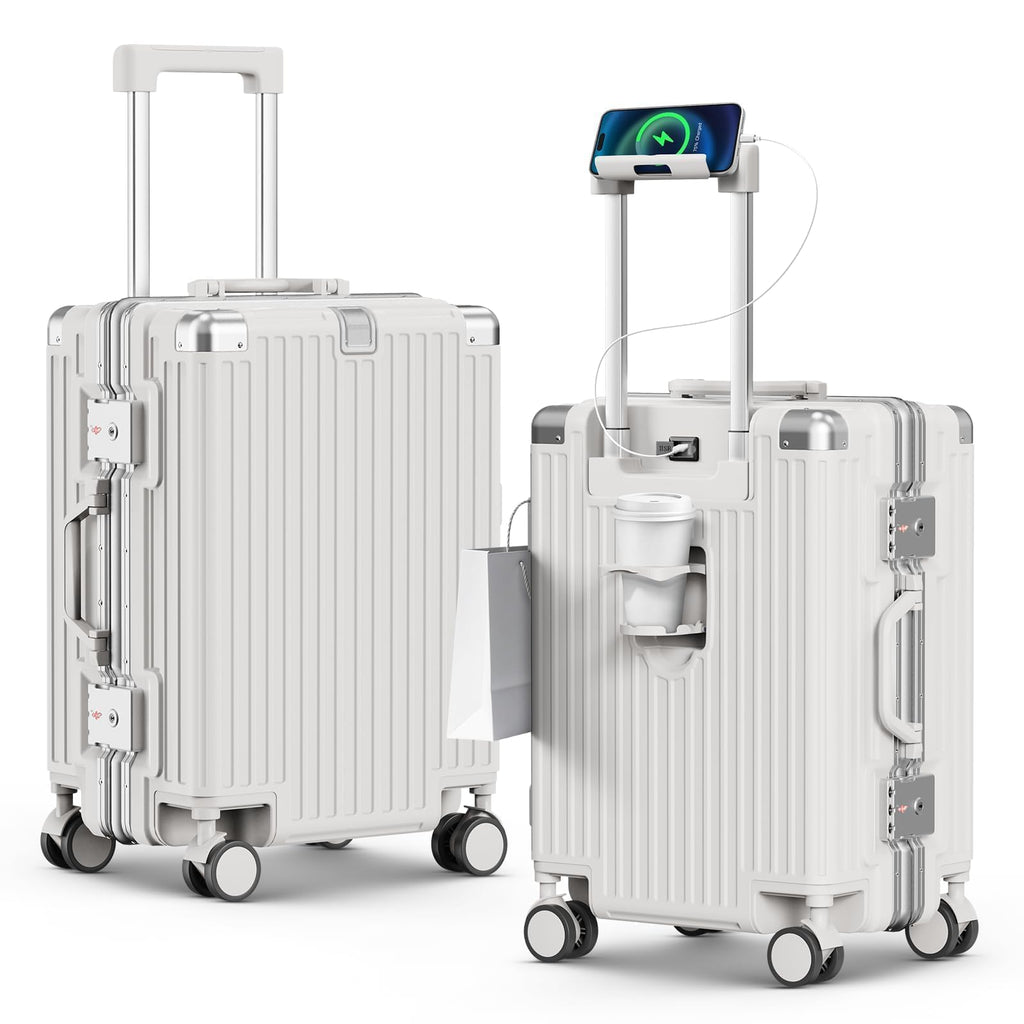 TIYFIY 20 Inch Carry On Luggage, Zipperless Aluminum Frame PC Hardside Suitcase with Cup Holder & Charger, Airline Approved TSA Lock & 360° Spinner Wheels for Business Weekend Trip