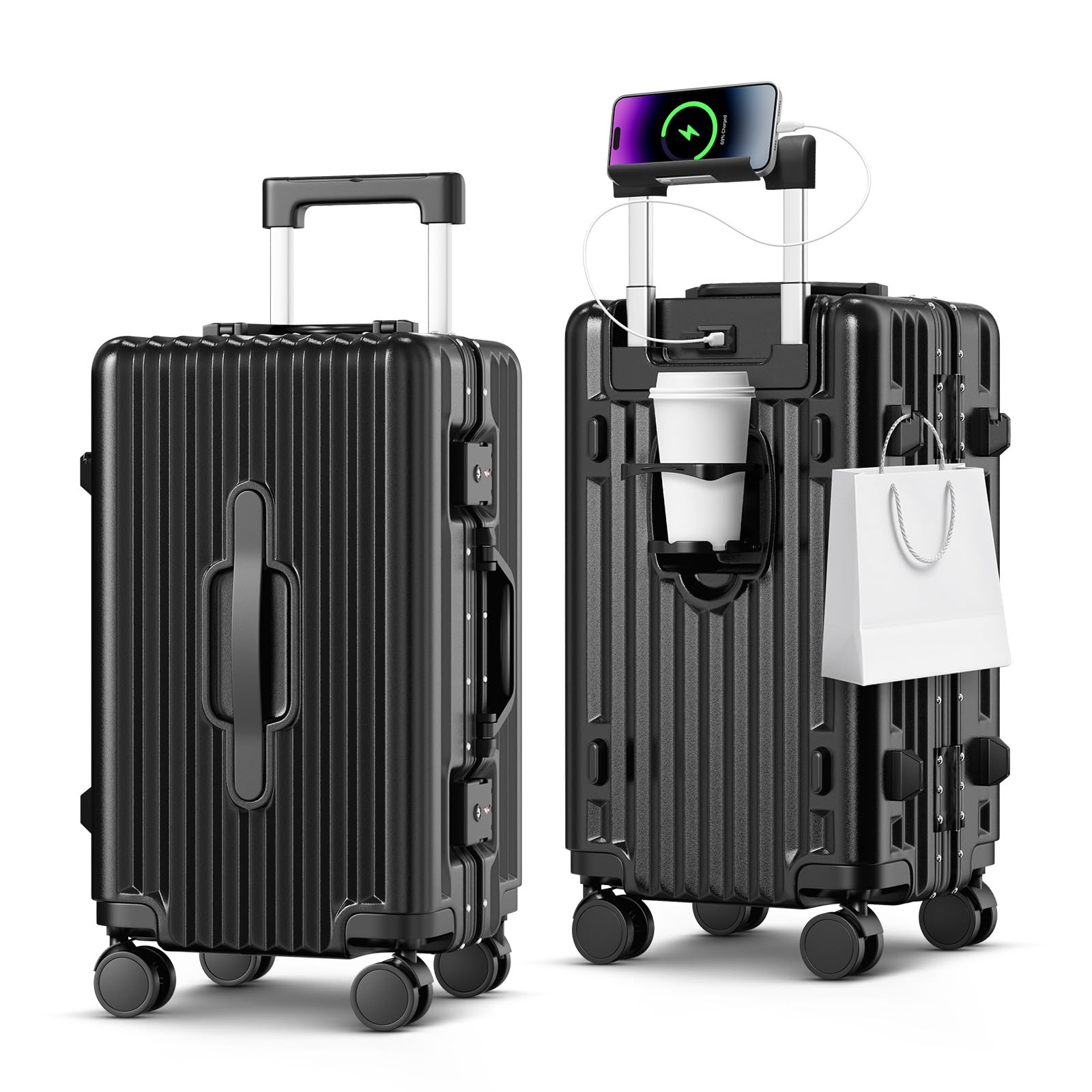 TIYFIY Carry on Luggage, 20 Inch Aluminum Frame PC Hardshell Suitcase with Cup Holder & Charger Port, Airline Approved Weekend Business Travel Case with Spinner Wheels, Tsa Lock