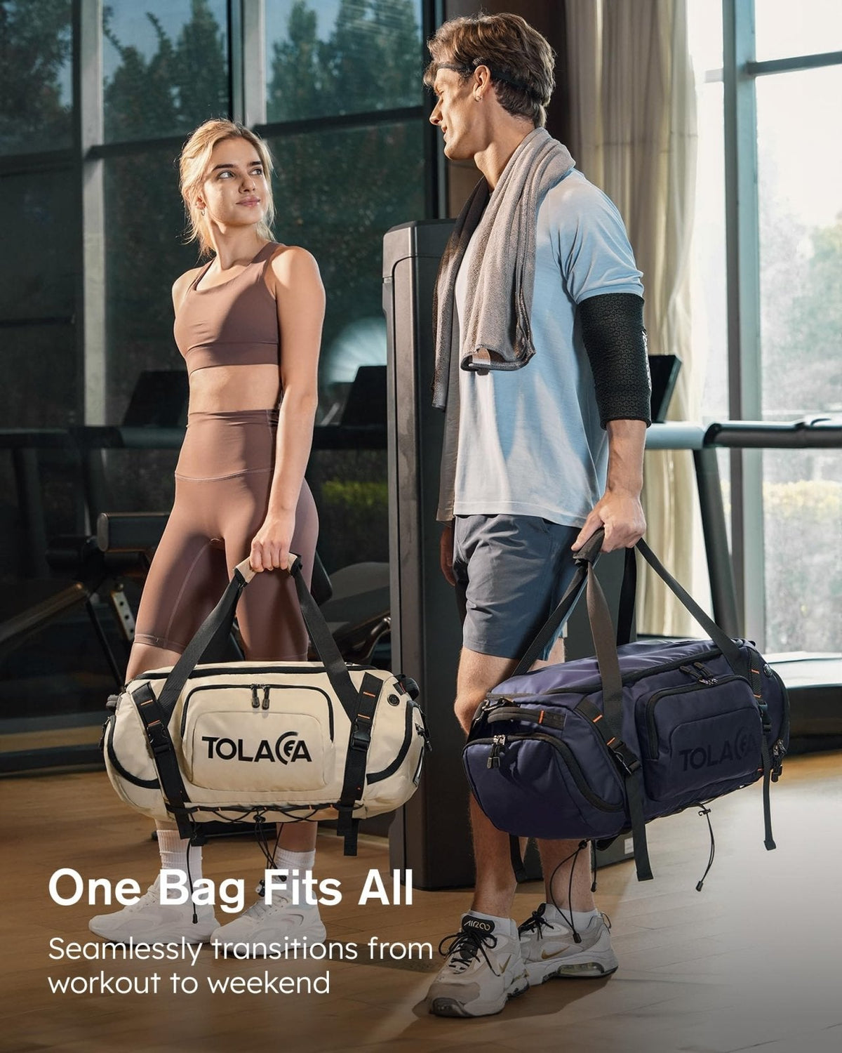 Tolaccea Gym Bag for Men & Women, 40L Duffle Bag Backpack for Travel Sports with Shoe Compartment, Wet Pocket & Extra Laptop Bag for 15.6'', 3 - in - 1 Sport Workout Duffel Carry On for Airplane (Khaki)