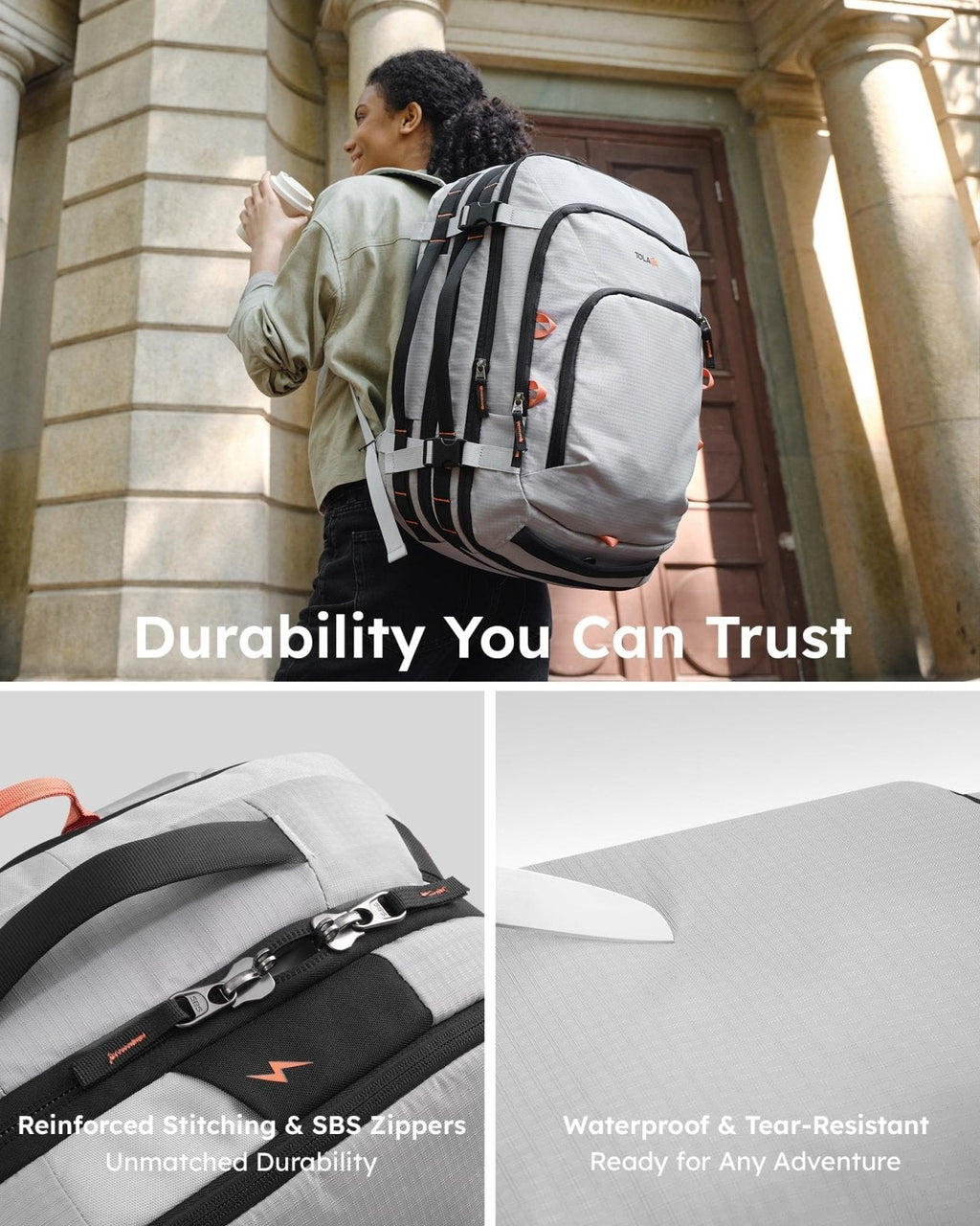 Tolaccea Travel Backpack, TSA Friendly Flight Approved Carry - on Luggage Durable Large Laptop Bag Daypack Fits 15.6 Inch Computer, Water - resistant Business Rucksack, 35 - 45L Expandable - Grey