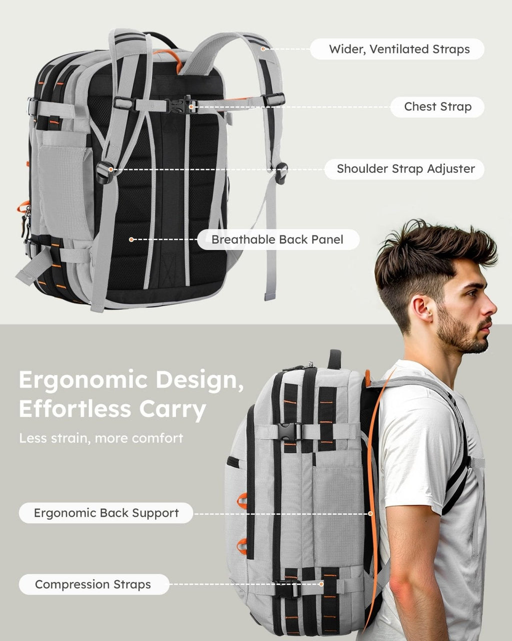 Tolaccea Travel Backpack, TSA Friendly Flight Approved Carry - on Luggage Durable Large Laptop Bag Daypack Fits 15.6 Inch Computer, Water - resistant Business Rucksack, 35 - 45L Expandable - Grey