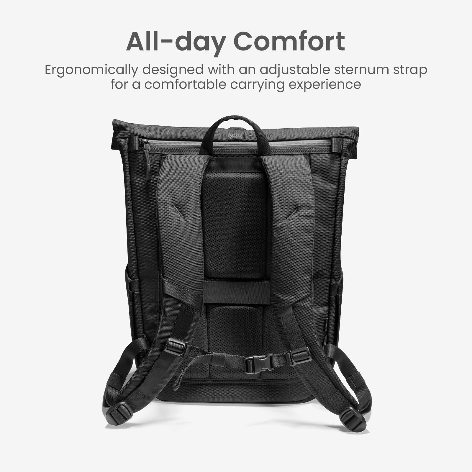 tomtoc Rolltop Laptop Backpack, Water - Resistant Travel Backpack Commute Expandable Casual Daypack for 13 - 17.3 inch Laptop, Rucksack for Work College Trip, Capacity Adjustable 25 - 30L, Black