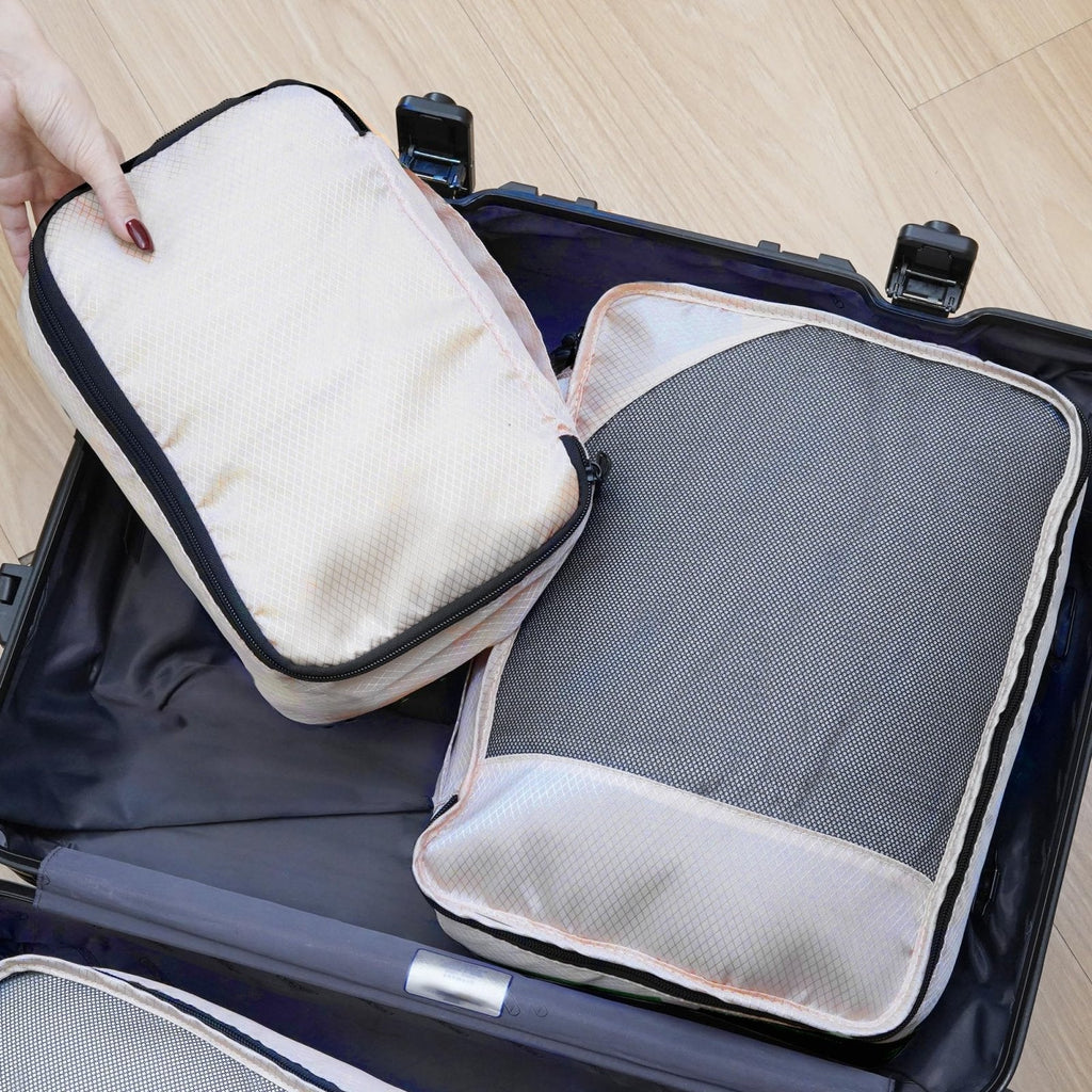 Toncoke 8 - Piece Packing Cubes for Travel, Mesh Luggage Organizers with Shoe Bag, Toiletry Bag, Laundry Pouches, 4 Sizes (XL/L/M/S) for Suitcase Organization, Men Women Kids, Beige