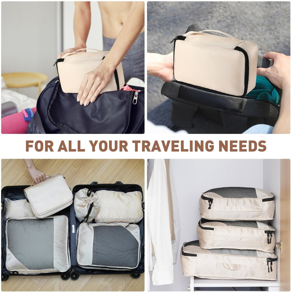 Toncoke 8 - Piece Packing Cubes for Travel, Mesh Luggage Organizers with Shoe Bag, Toiletry Bag, Laundry Pouches, 4 Sizes (XL/L/M/S) for Suitcase Organization, Men Women Kids, Beige