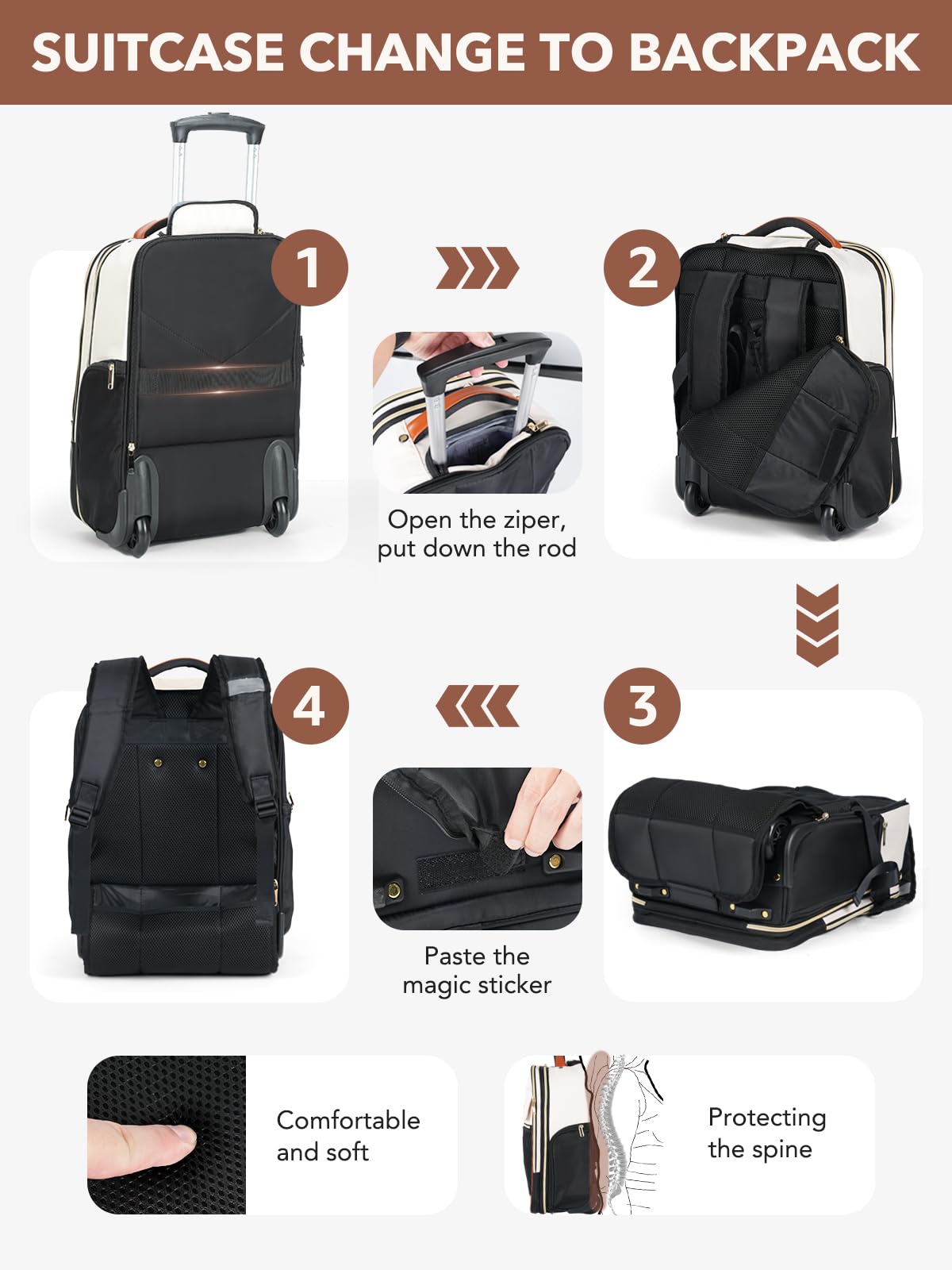Tonyeee Rolling Backpack for Women, 22 Inch Carry on Luggage Suitcase Flight Approved, X Large Roller Travel Laptop Backpack with Wheels for Overnight Weekender Bussiness Work (Beige,XL Carry on Size)