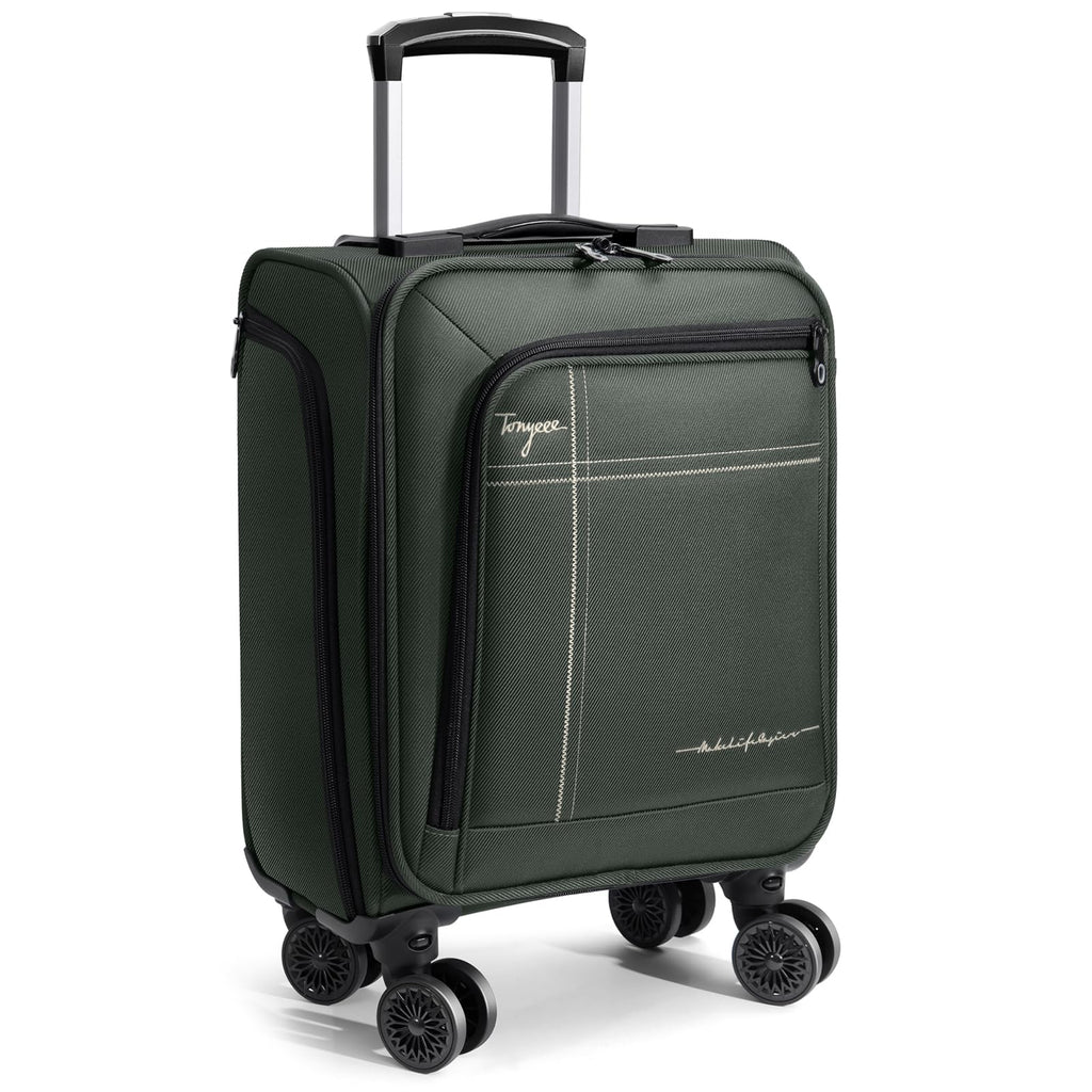 Tonyeee Softside Carry on Luggage Airline Approved, 17 Inch Underseat Carry-on Luggage with Removable Spinner Wheels, Small Personal Item Suitcase for Travel Business (Green, 17 inch_Underseat)