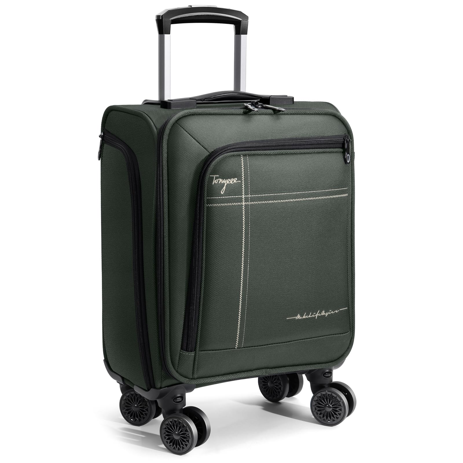 Tonyeee Softside Carry on Luggage Airline Approved, 17 Inch Underseat Carry-on Luggage with Removable Spinner Wheels, Small Personal Item Suitcase for Travel Business (Green, 17 inch_Underseat)