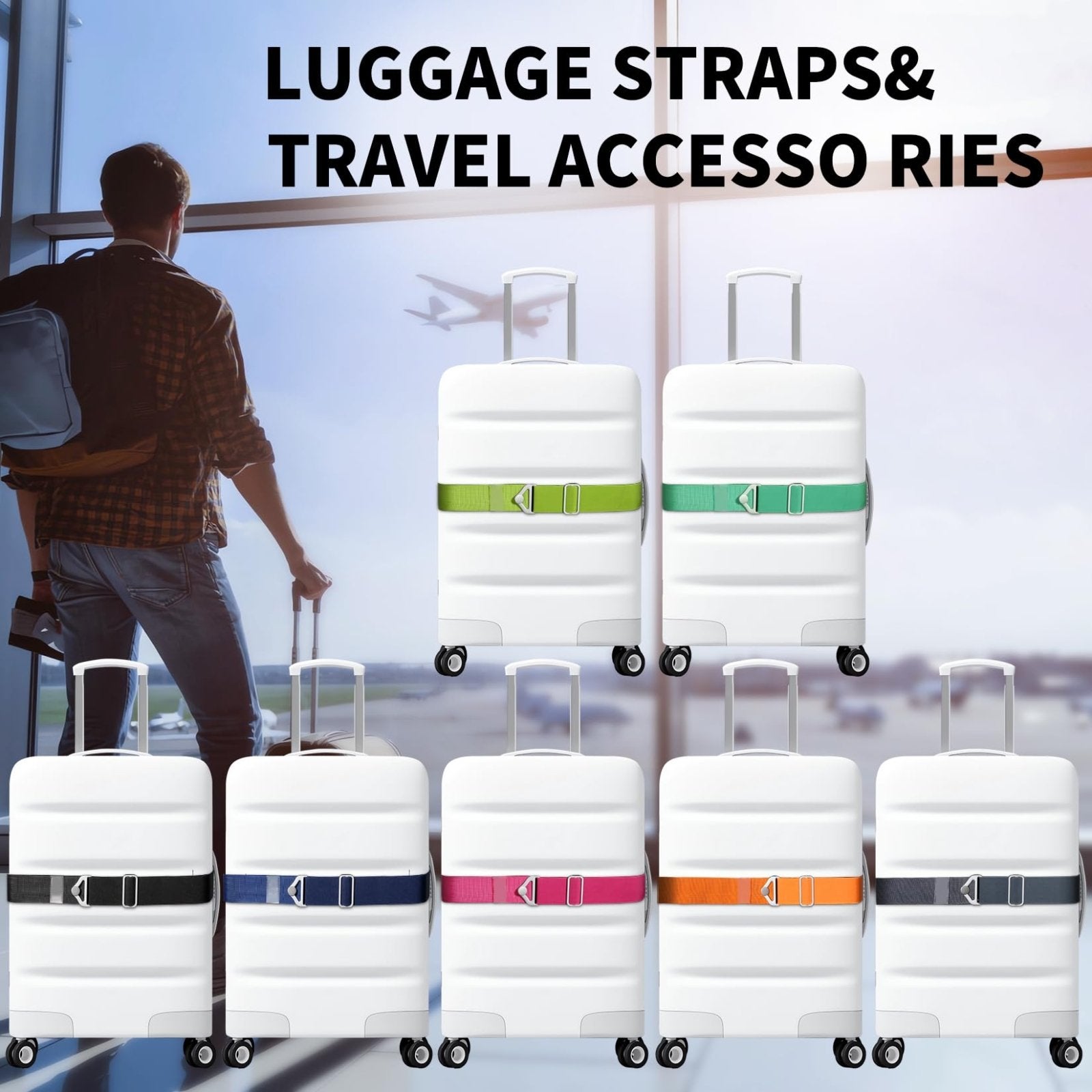 TOOVREN 2 - in - 1 Travel Belt for Luggage Straps Add a Bag Bungees Luggage Strap Over Handle Suitcases Belt for Carry On Bag Elastic Belt Adjustable Suitcase Strap Airport Travel Accessories Black