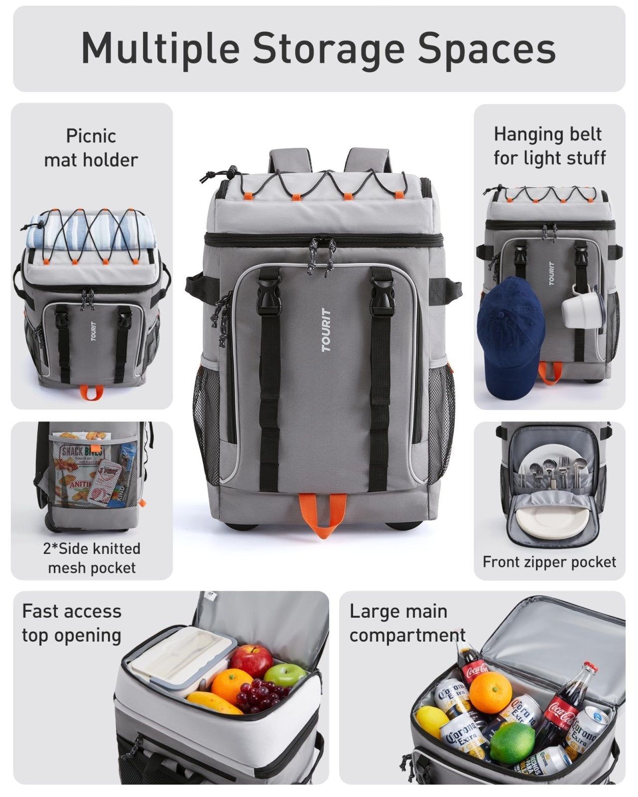 TOURIT 50 - Can Rolling Backpack, Double Deck & Dual - Bar Handle Travel Soft Cooler Bag with Wheels, 30L Space Beach Cooler Size 18"(15"+3")×13"×11"