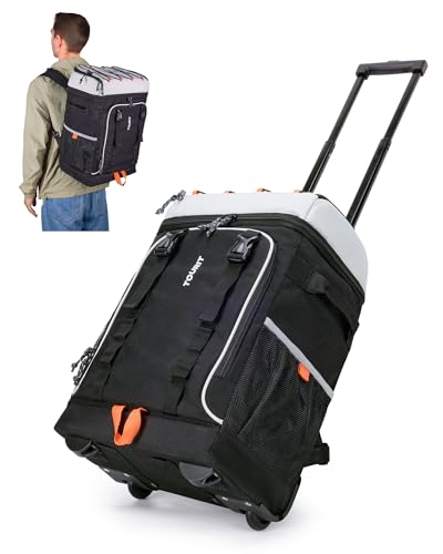 TOURIT 50 Cans Rolling Backpack, Double Deck & Dual-Bar Handle Travel Soft Cooler Bag with Wheels, 30L Space Beach Cooler Size 18"(15"+3")×13"×11",Black