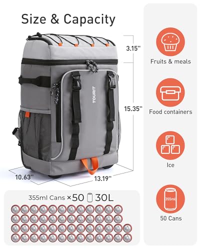 TOURIT 50 Cans Rolling Backpack, Double Deck & Dual-Bar Handle Travel Soft Cooler Bag with Wheels, 30L Space Beach Cooler Size 18"(15"+3")×13"×11",Black