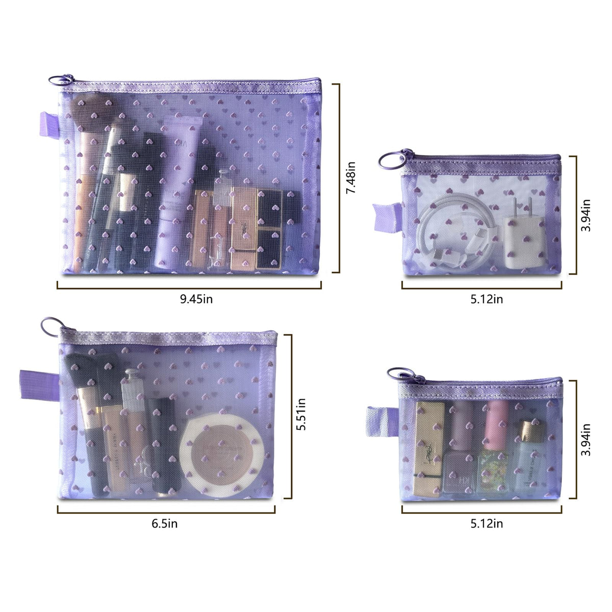 TRAKWAN 4 - Piece Heart Printed Mesh Makeup Bag Set, Portable Travel Cosmetic Bags Toiletry Bags Makeup Purse Bags Zipper Storage Pouches for Home Offices Travel Accessories (Light Purple)