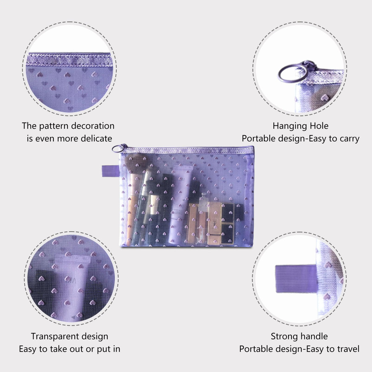 TRAKWAN 4 - Piece Heart Printed Mesh Makeup Bag Set, Portable Travel Cosmetic Bags Toiletry Bags Makeup Purse Bags Zipper Storage Pouches for Home Offices Travel Accessories (Light Purple)