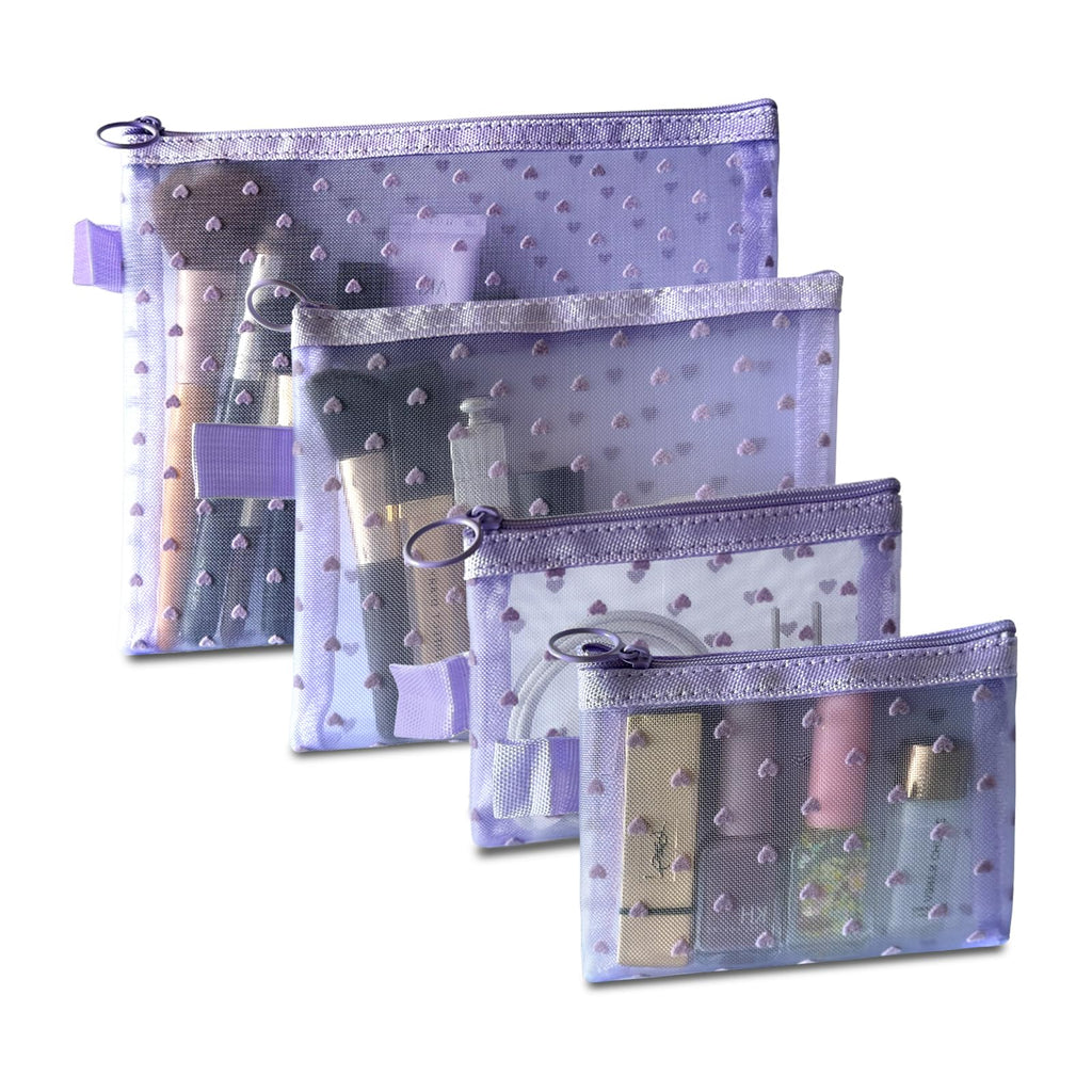 TRAKWAN 4-Piece Heart Printed Mesh Makeup Bag Set, Portable Travel Cosmetic Bags Toiletry Bags Makeup Purse Bags Zipper Storage Pouches for Home Offices Travel Accessories (Light Purple)