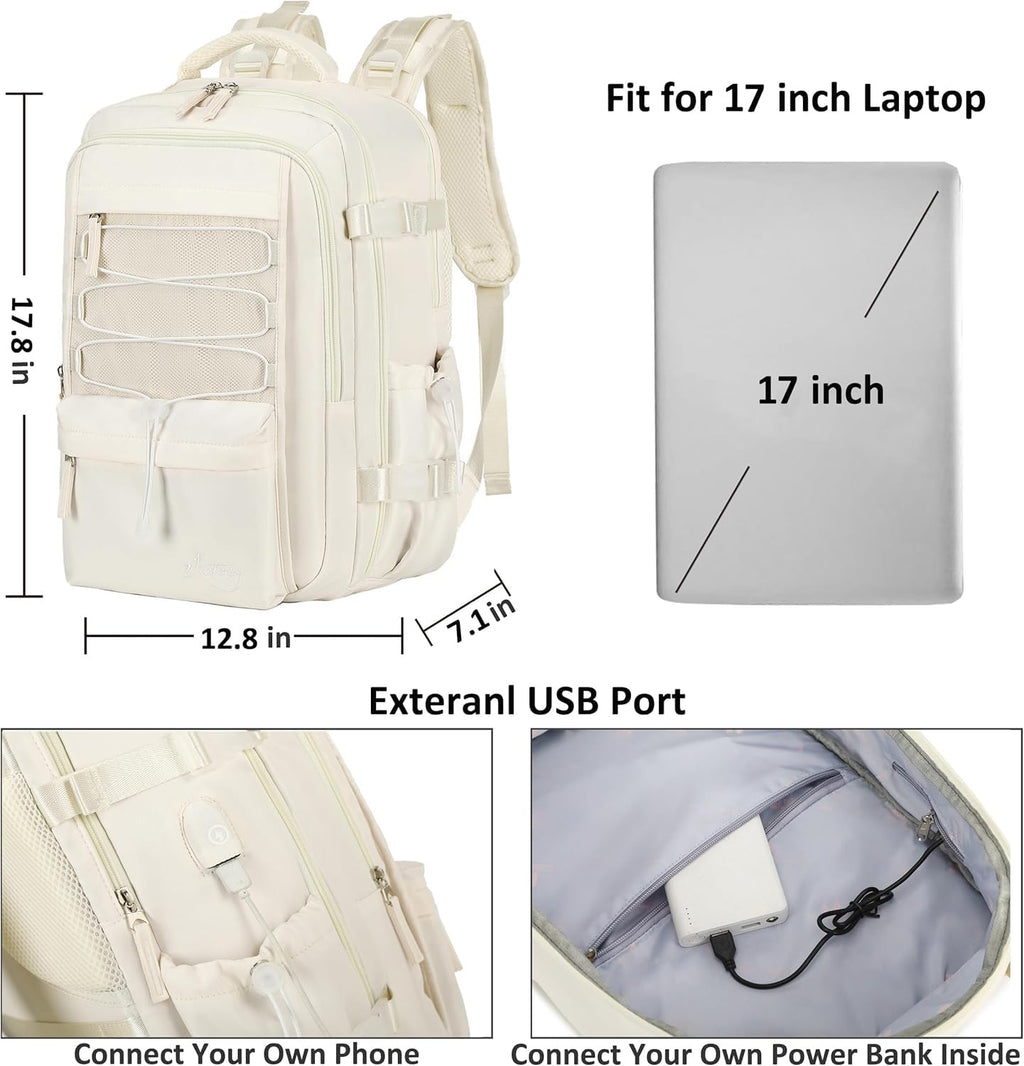 Travel Backpack for Women Men 17 Inch Laptop Backpacks with USB Port Carry on Bag Airline Approved Large College School Bookbags Waterproof Work Business Sport Rucksack Casual Daypack (White)