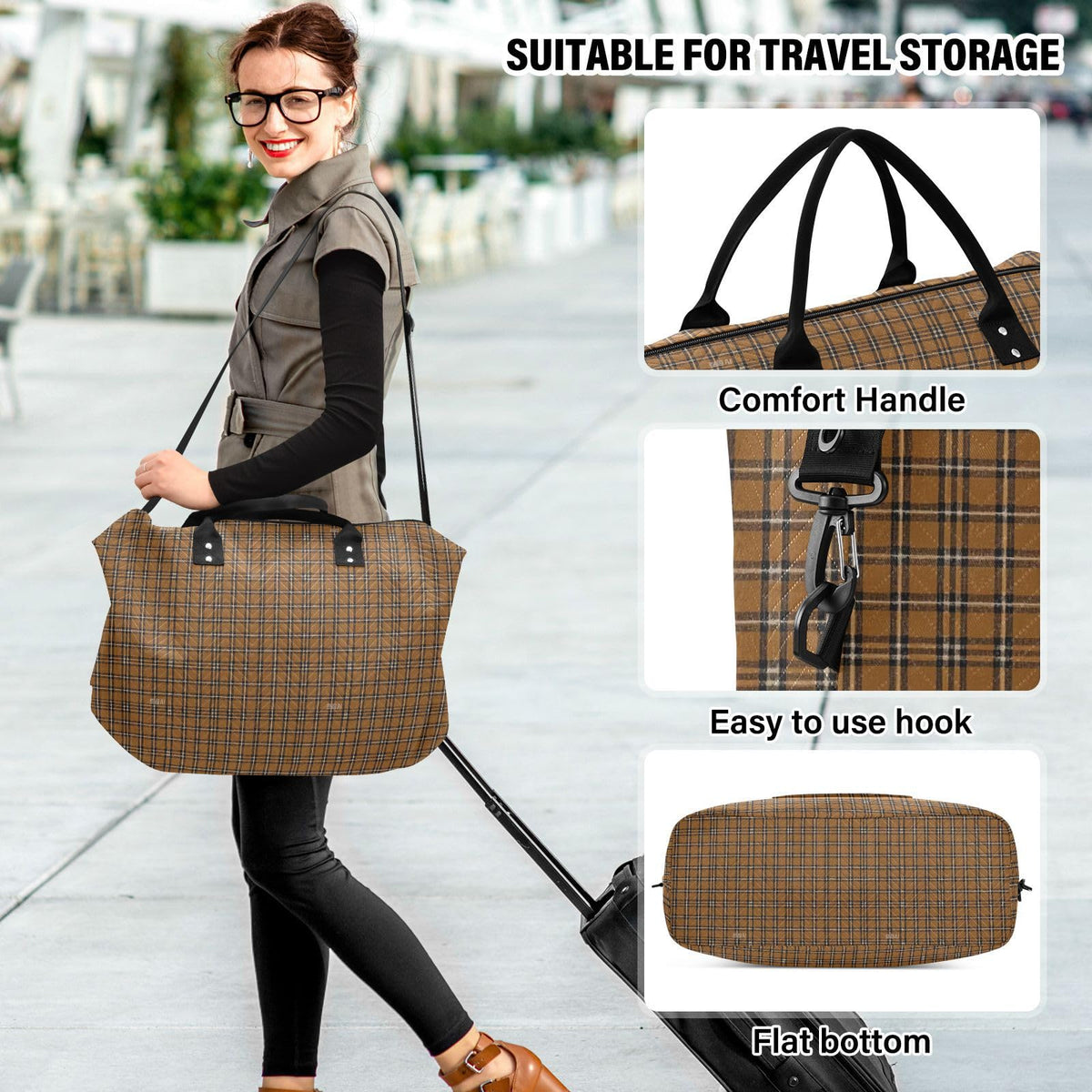 Travel Duffel Bag Travel Weekender Gear Bag with Toiletry for Trip Multifunctional Brown Buffalo Plaid Checked Red