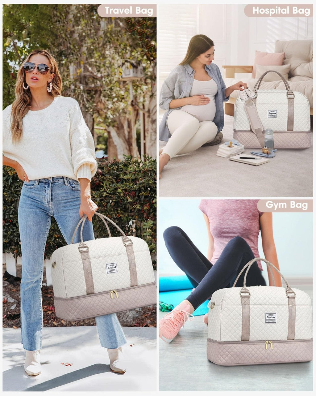 Travel Duffle Bag Weekender for Women: Travel Duffel Bag Carry - On Overnight Bag with Shoe Compartment & Wet Pocket Large Weekend Tote Bag with Gym Duffel Bag for Hospital Beige