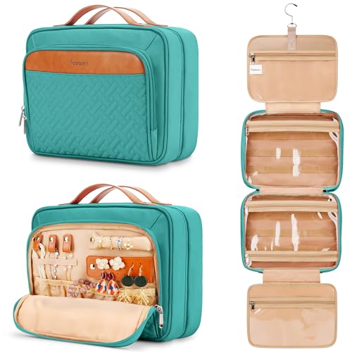 Travel Hanging Toiletry Bag for Women, with Jewelry Organizer Compartment, Medium Waterproof Hanging Makeup Accessories, Cosmetic Essentials, Toiletries Dopp Kit Set with Trolley Belt, Blue