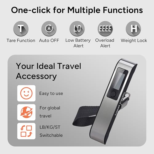 travel inspira Luggage Scale, Digital Luggage Scales, Baggage Scale with Overweight Alert LCD Display 110LB / 50KG (Stainless Steel, Black) Battery Included
