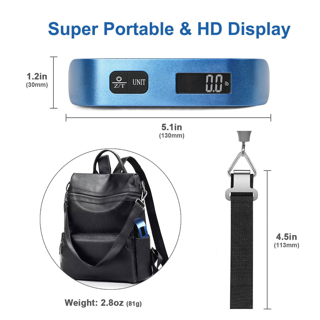 travel inspira Luggage Scale, Portable Digital Hanging Baggage Scale for Travel, Suitcase Weight Scale with Rubber Paint, 110 Pounds, Battery Included - Blue