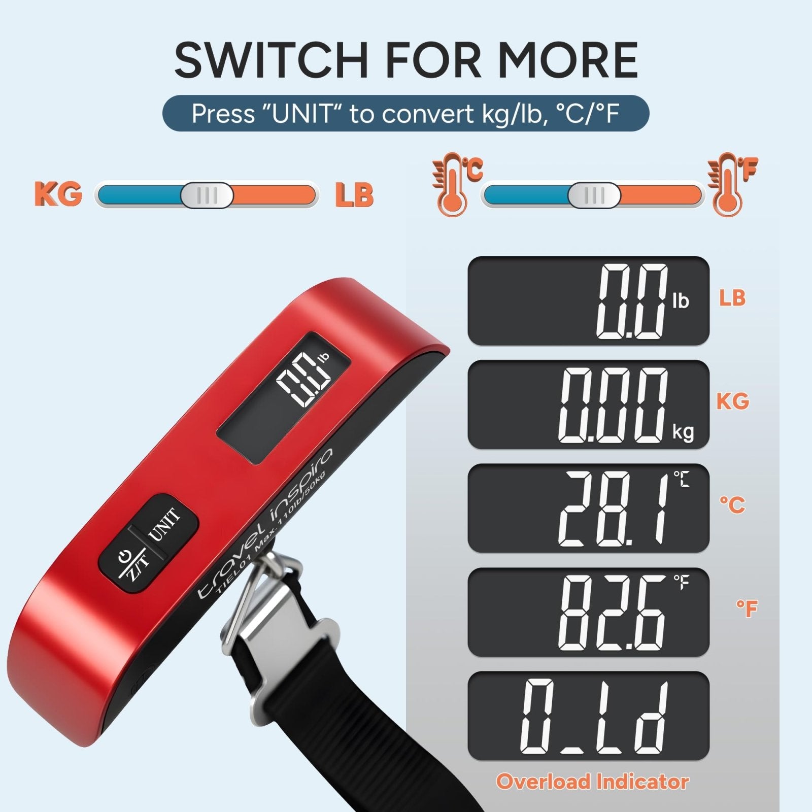 travel inspira Luggage Scale, Portable Digital Hanging Baggage Scale for Travel, Suitcase Weight Scale with Rubber Paint, 110 Pounds, Battery Included - Red