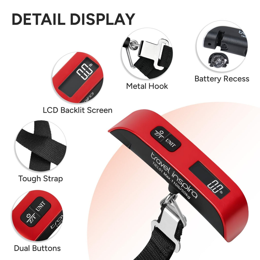 travel inspira Luggage Scale, Portable Digital Hanging Baggage Scale for Travel, Suitcase Weight Scale with Rubber Paint, 110 Pounds, Battery Included - Red