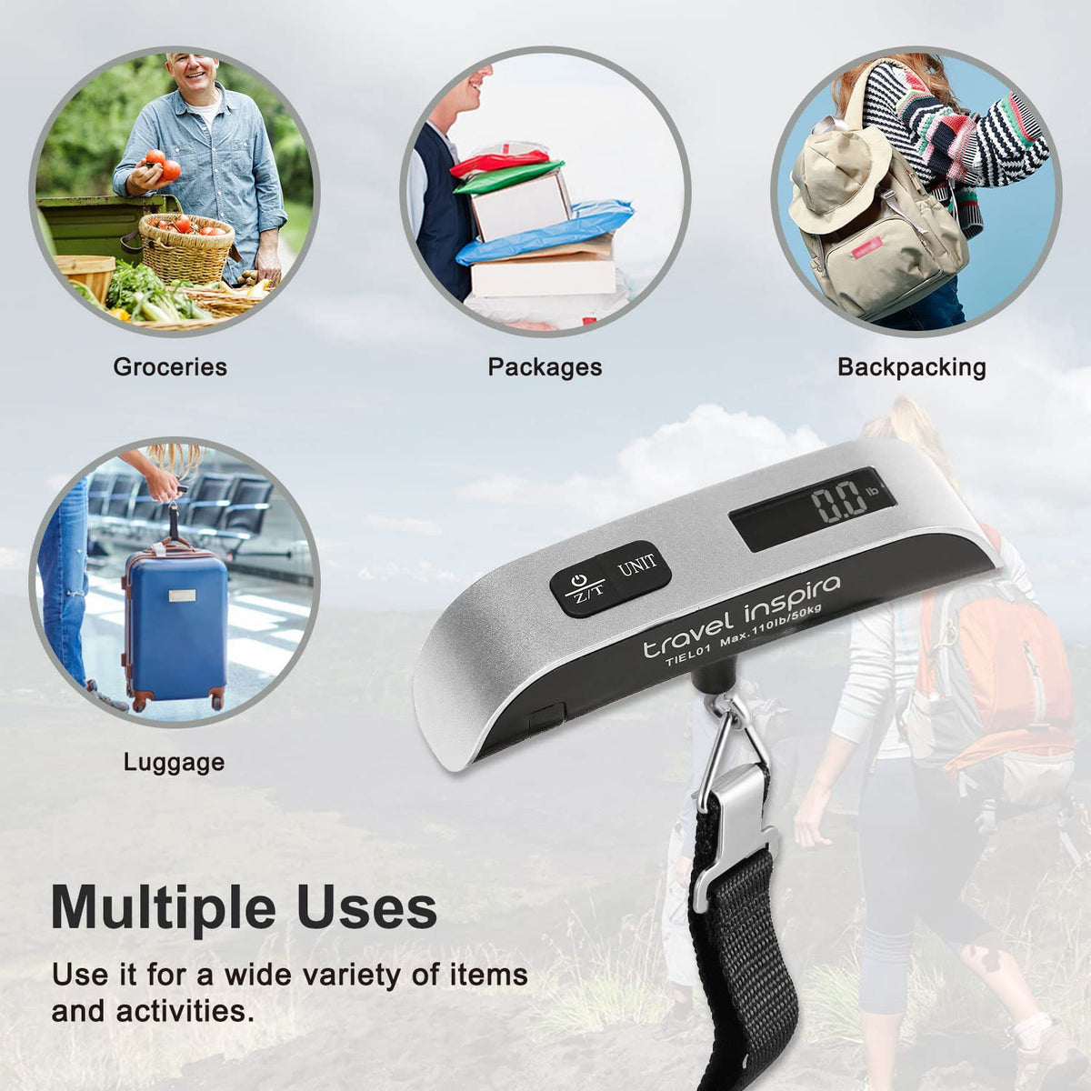 travel inspira Luggage Scale, Portable Digital Hanging Baggage Scale for Travel, Suitcase Weight Scale with Rubber Paint, 110 Pounds, Battery Included, Sliver, 2 Pcs