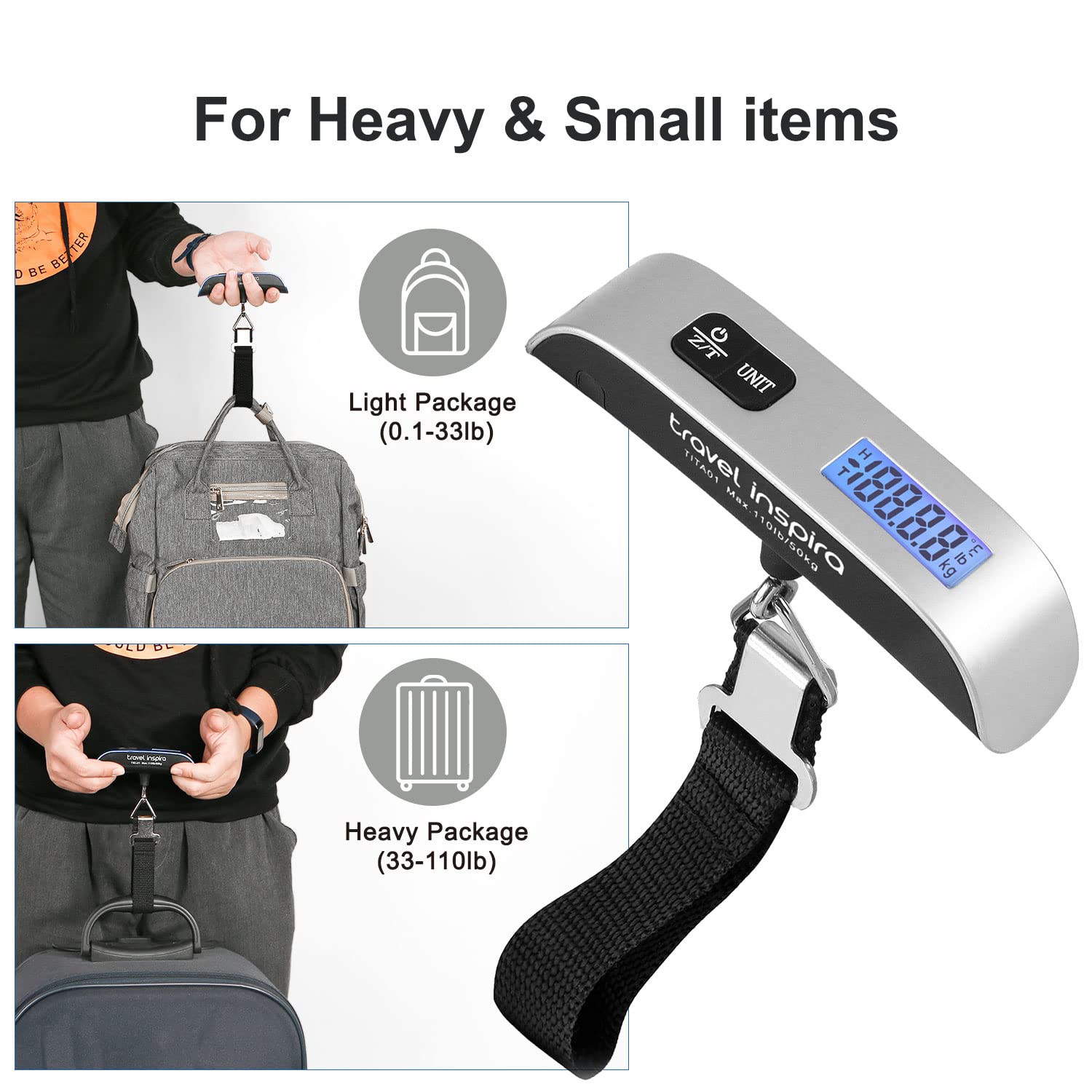 travel inspira Luggage Scale, Portable Digital Hanging Baggage Scale for Travel, Suitcase Weight Scale with Rubber Paint, 110 Pounds, Battery Included, Sliver, 2 Pcs