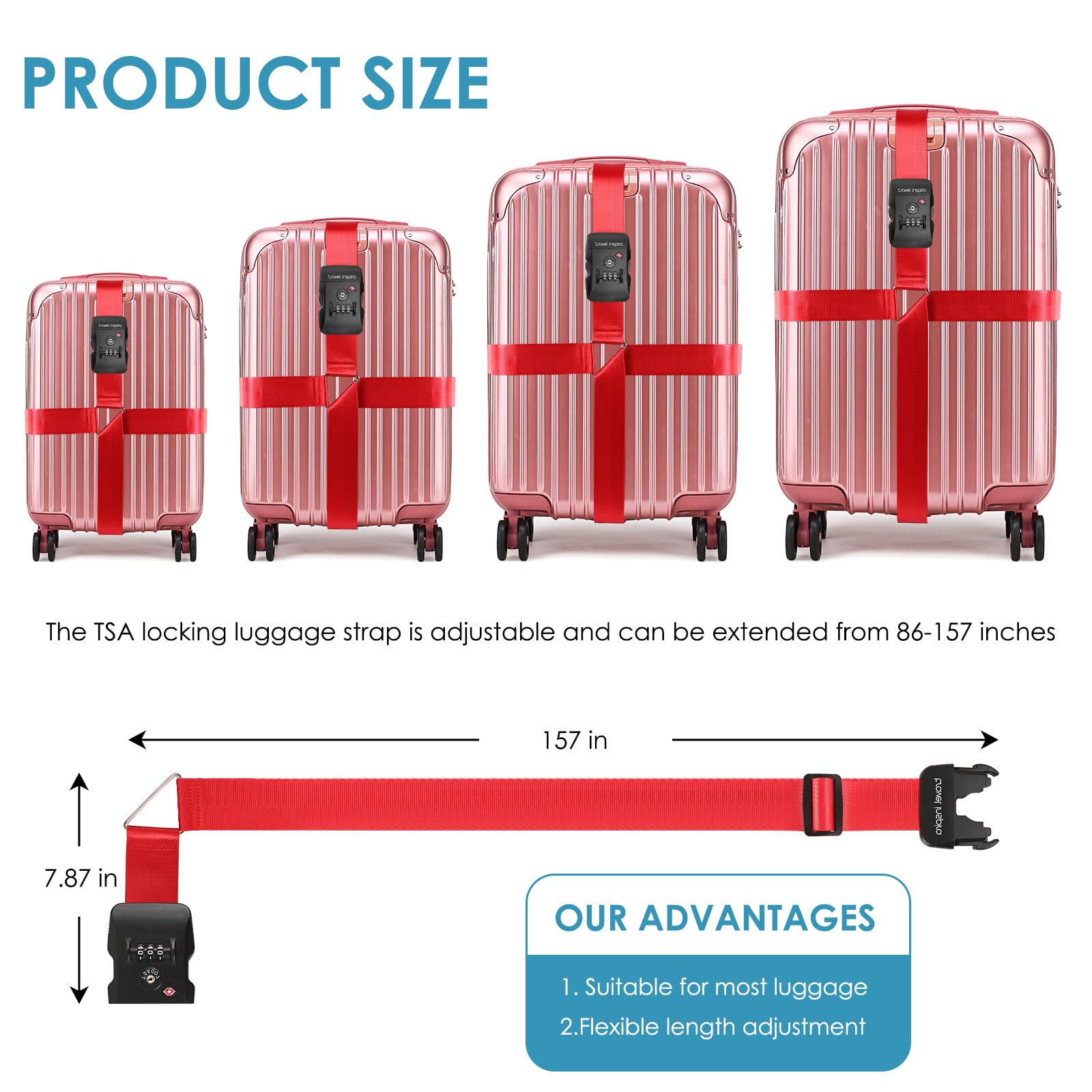 Travel Inspira Luggage Straps for Suitcases with TSA Lock, Protect Your Luggage Anti - Burst, High Visibility Color, Easy to Identify Luggage Adjustable Heavy Duty Belt for 20 - 32 Inch Suitcases