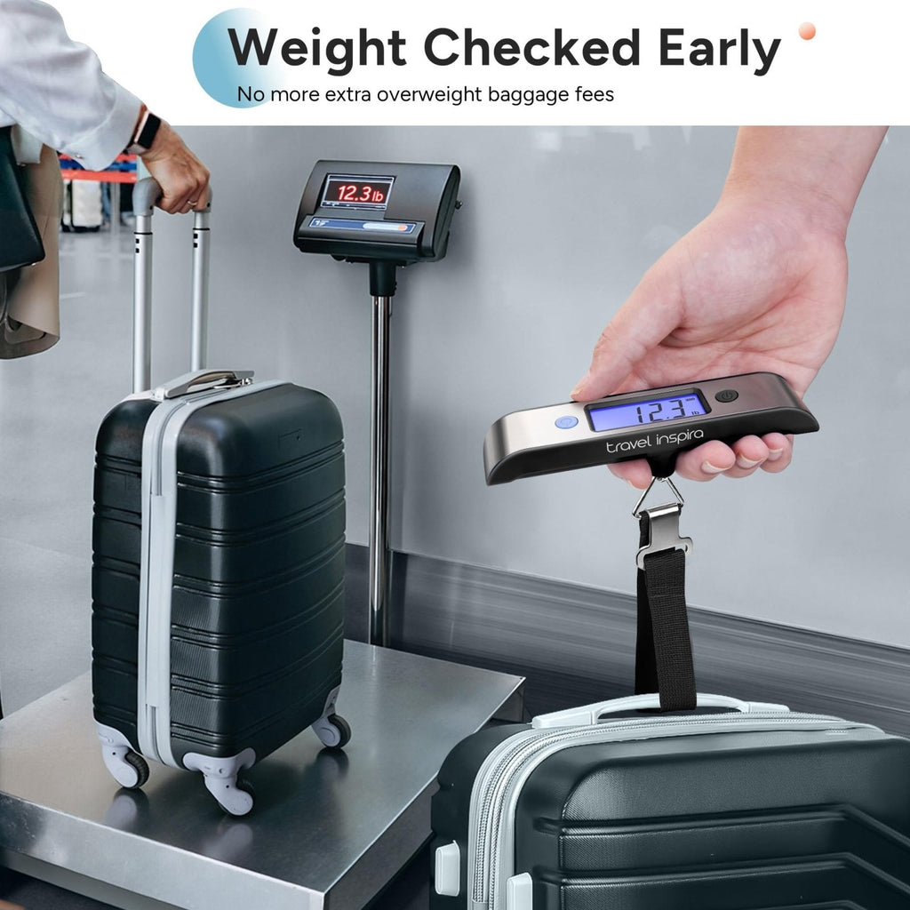 travel inspira Rechargeable Luggage Scale 110lb/50kg - Large Backlit Display - Stainless Steel - Portable Digital Hanging Scale for Suitcases, Bags, Packages (USB - C Charging Included)