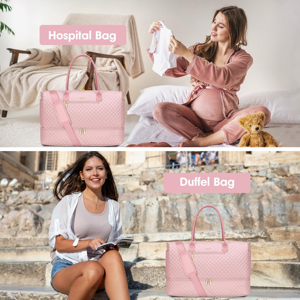 Travel Weekender Bags for Women - Duffle Bag Women with Shoe Compartment Carry On Overnight Bag with Toiletry Bag Duffel Bags with Wet Pocket for Gym Hospital Bags for Labor and Delivery Pink