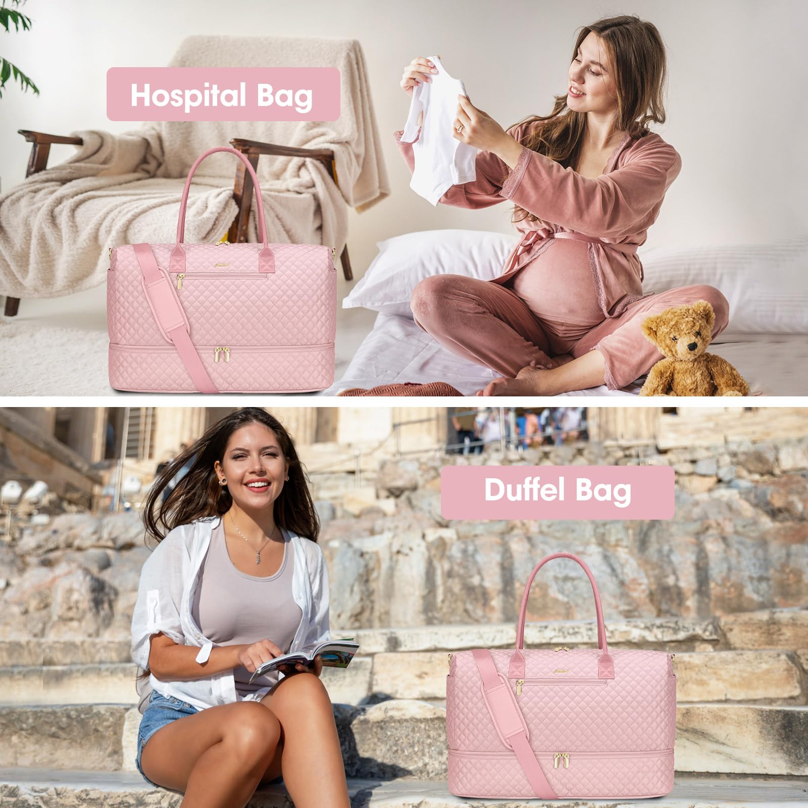 Travel Weekender Bags for Women - Duffle Bag Women with Shoe Compartment Carry On Overnight Bag with Toiletry Bag Duffel Bags with Wet Pocket for Gym Hospital Bags for Labor and Delivery Pink