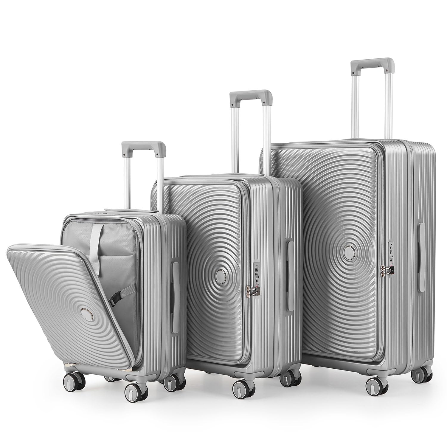 TRAVELEO 3 Piece Luggage Set 100% PC Hardshell, Front Opening Expandable Suitcase (20/24/28) with Laptop Compartment & Free Custom PVC Covers, Trunk Style Lightweight Spinner Wheels TSA Lock (Silver)