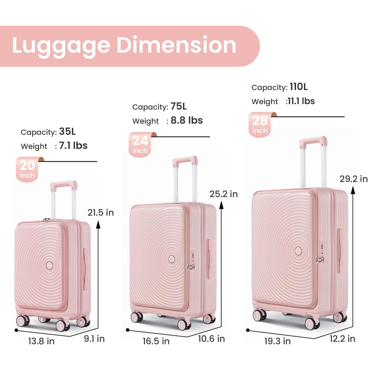 TRAVELEO 3 Piece Luggage Set 100% PC Hardshell, Front Opening Expandable Suitcase (20/24/28) with Laptop Compartment & Free Custom PVC Covers, Trunk Style Lightweight Spinner Wheels TSA Lock (Pink)