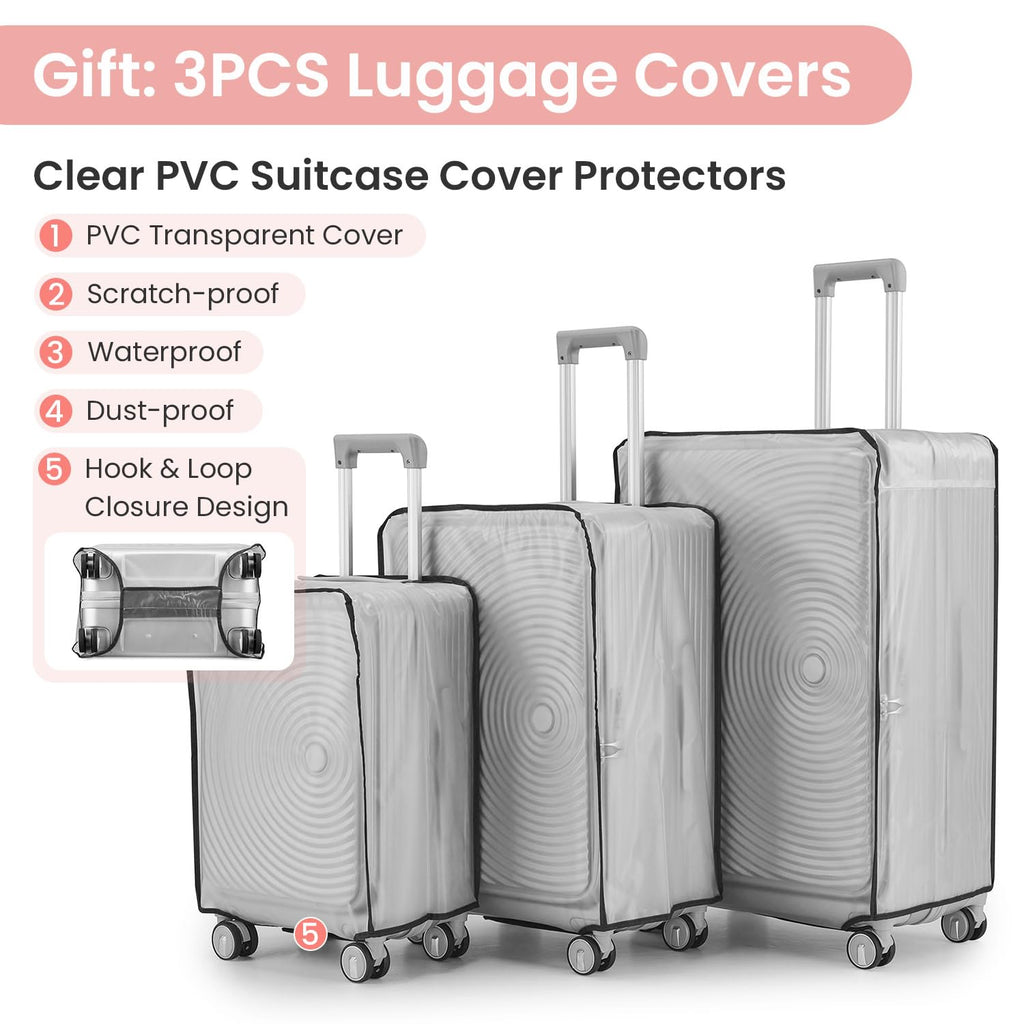 TRAVELEO 3 Piece Luggage Set 100% PC Hardshell, Front Opening Expandable Suitcase (20/24/28) with Laptop Compartment & Free Custom PVC Covers, Trunk Style Lightweight Spinner Wheels TSA Lock (Pink)
