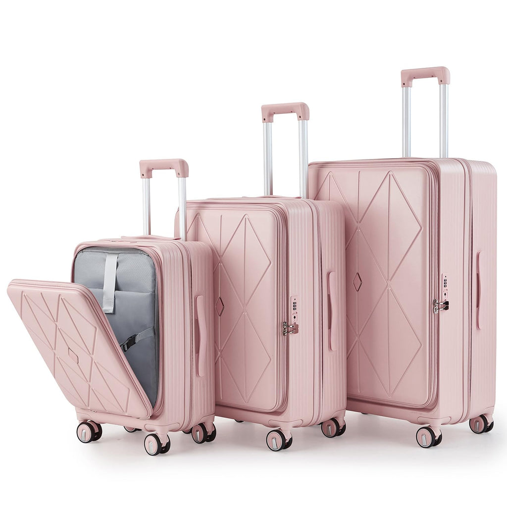 TRAVELEO 3 Piece Luggage Set 100% PC Hardshell, Front Opening Expandable Suitcase (20/24/28) with Laptop Compartment & Free Custom PVC Covers, Trunk Style Lightweight Spinner Wheels TSA Lock (Pink)