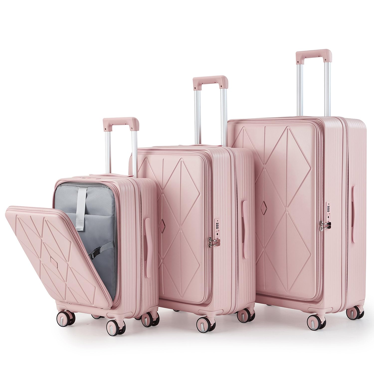TRAVELEO 3 Piece Luggage Set 100% PC Hardshell, Front Opening Expandable Suitcase (20/24/28) with Laptop Compartment & Free Custom PVC Covers, Trunk Style Lightweight Spinner Wheels TSA Lock (Pink)
