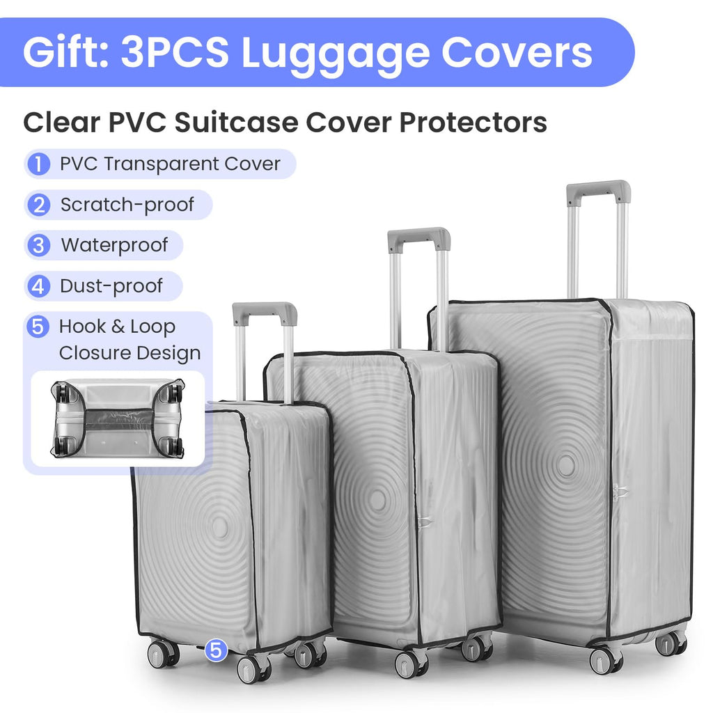 TRAVELEO 3 Piece Luggage Set 100% PC Hardshell, Front Opening Expandable Suitcase (20/24/28) with Laptop Compartment & Free Custom PVC Covers, Trunk Style Lightweight Spinner Wheels TSA Lock (Silver)