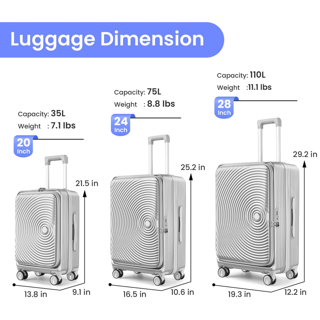 TRAVELEO 3 Piece Luggage Set 100% PC Hardshell, Front Opening Expandable Suitcase (20/24/28) with Laptop Compartment & Free Custom PVC Covers, Trunk Style Lightweight Spinner Wheels TSA Lock (Silver)
