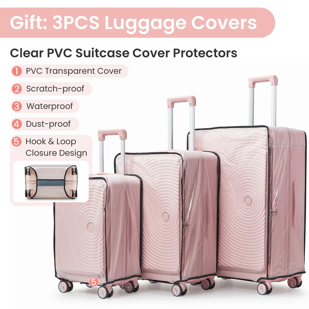 TRAVELEO 3 Piece Luggage Set 100% PC Hardshell, Front Opening Expandable Suitcase (20/24/28) with Laptop Compartment & Free Custom PVC Covers, Trunk Style Lightweight Spinner Wheels TSA Lock (Pink)