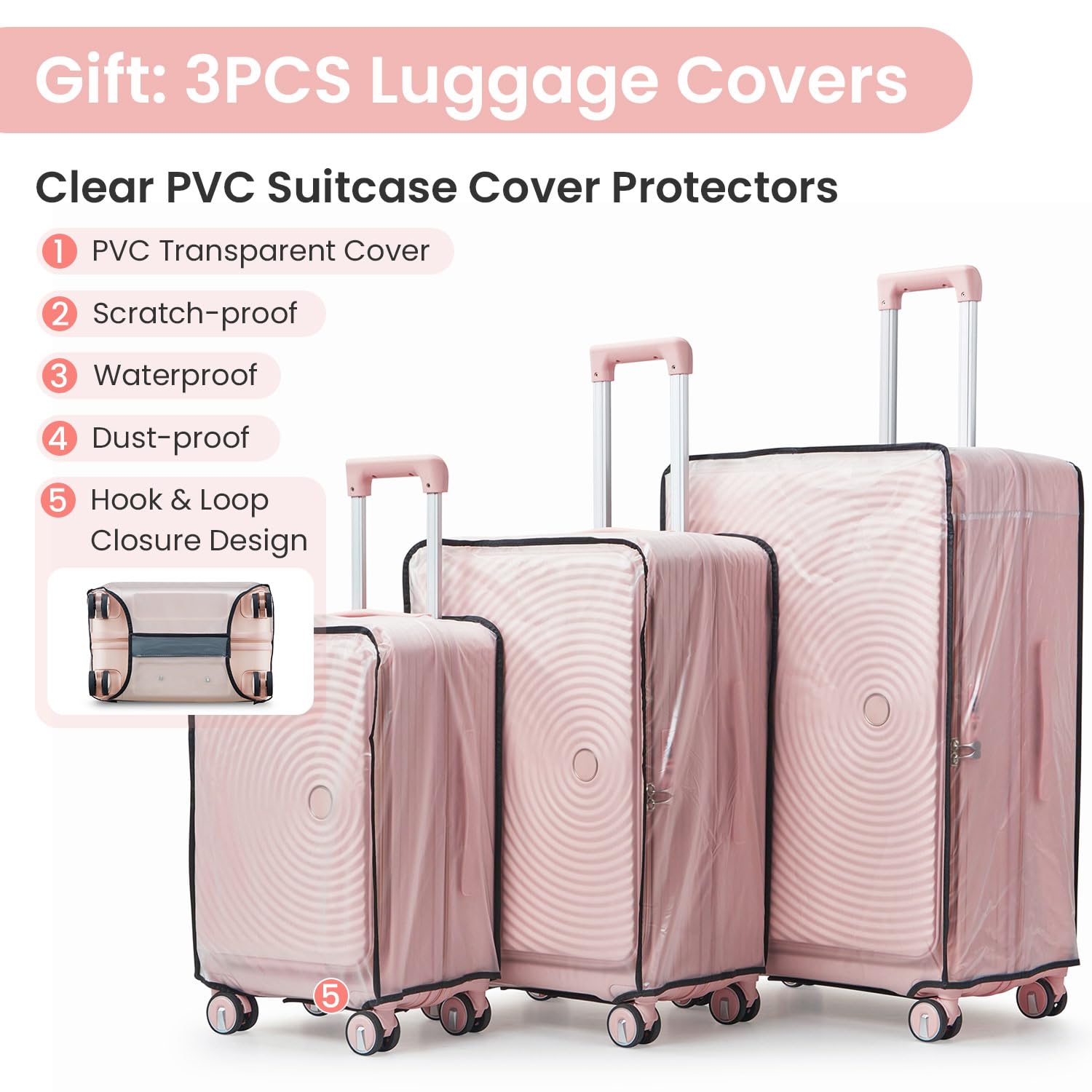 TRAVELEO 3 Piece Luggage Set 100% PC Hardshell, Front Opening Expandable Suitcase (20/24/28) with Laptop Compartment & Free Custom PVC Covers, Trunk Style Lightweight Spinner Wheels TSA Lock (Pink)