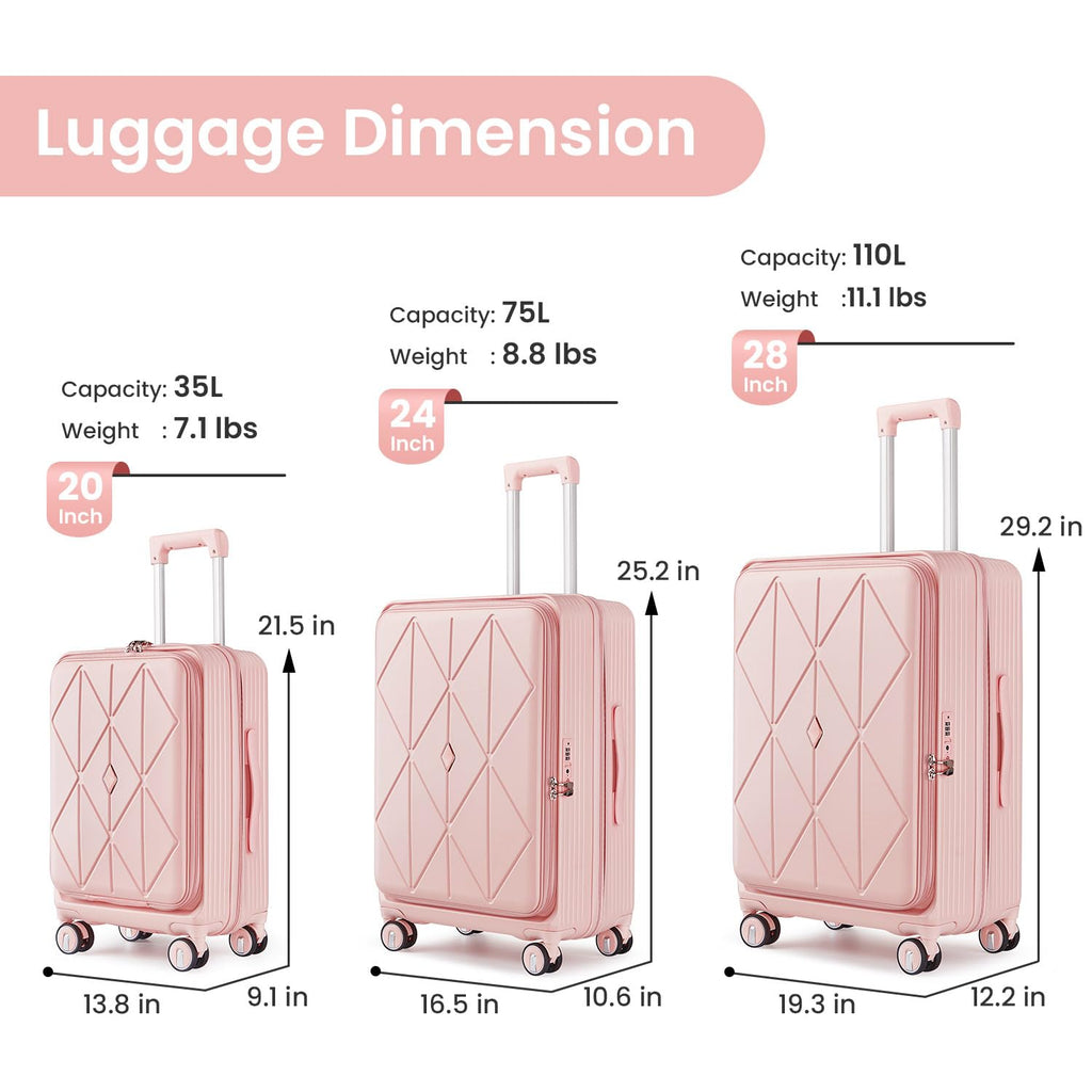 TRAVELEO 3 Piece Luggage Set 100% PC Hardshell, Front Opening Expandable Suitcase (20/24/28) with Laptop Compartment & Free Custom PVC Covers, Trunk Style Lightweight Spinner Wheels TSA Lock (Pink)