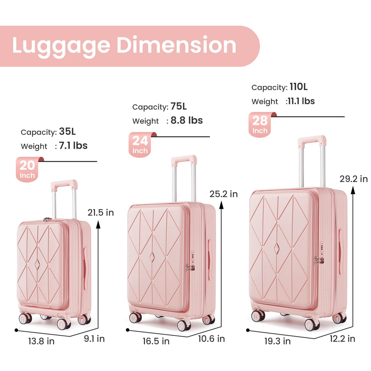 TRAVELEO 3 Piece Luggage Set 100% PC Hardshell, Front Opening Expandable Suitcase (20/24/28) with Laptop Compartment & Free Custom PVC Covers, Trunk Style Lightweight Spinner Wheels TSA Lock (Pink)