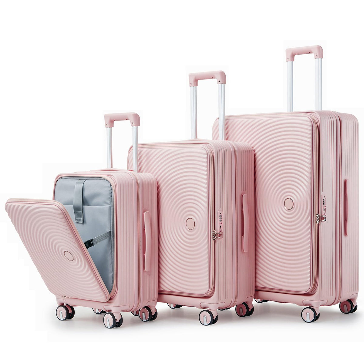 TRAVELEO 3 Piece Luggage Set 100% PC Hardshell, Front Opening Expandable Suitcase (20/24/28) with Laptop Compartment & Free Custom PVC Covers, Trunk Style Lightweight Spinner Wheels TSA Lock (Pink)