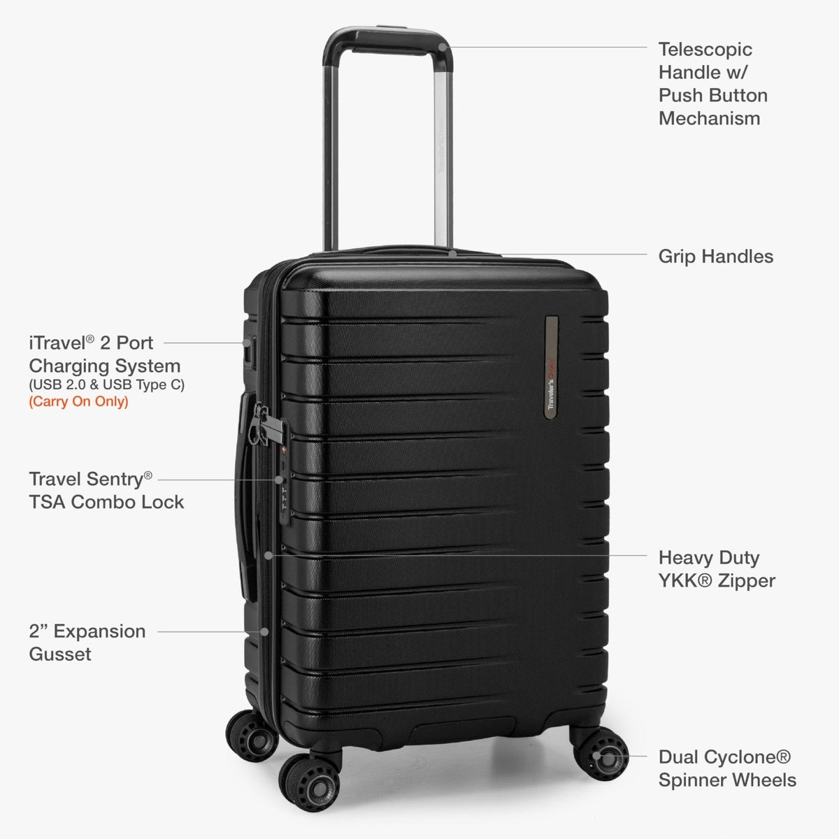 Traveler's Choice Archer Polycarbonate Hardside Spinner Luggage Set, Tie Down Straps, Black, Carry - On 21 - Inch