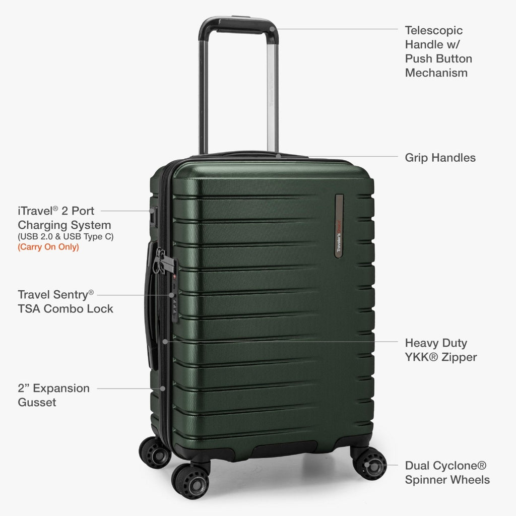 Traveler's Choice Archer Polycarbonate Hardside Spinner Luggage Set, Tie Down Straps, Green, Carry - On 21 - Inch