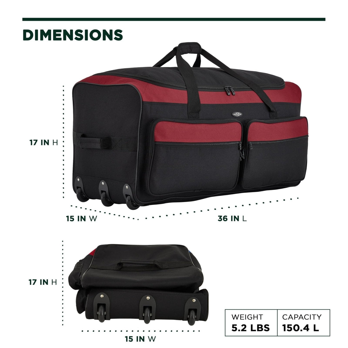Travelers Club 36" Asgard 3 - Wheel Rolling Duffel Bag ,Black and Red