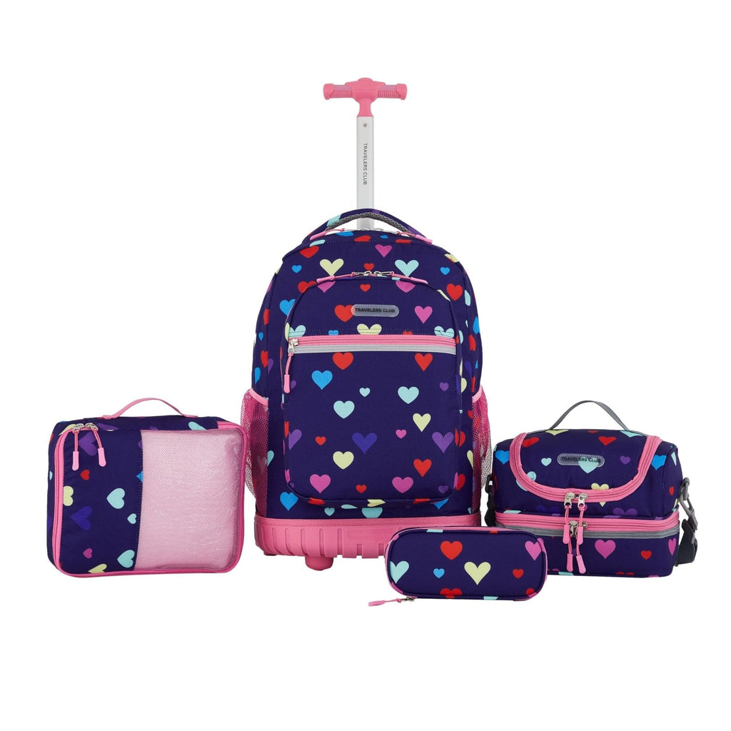 Travelers Club 4 Piece Rolling Backpack Set With Accessories,Heart