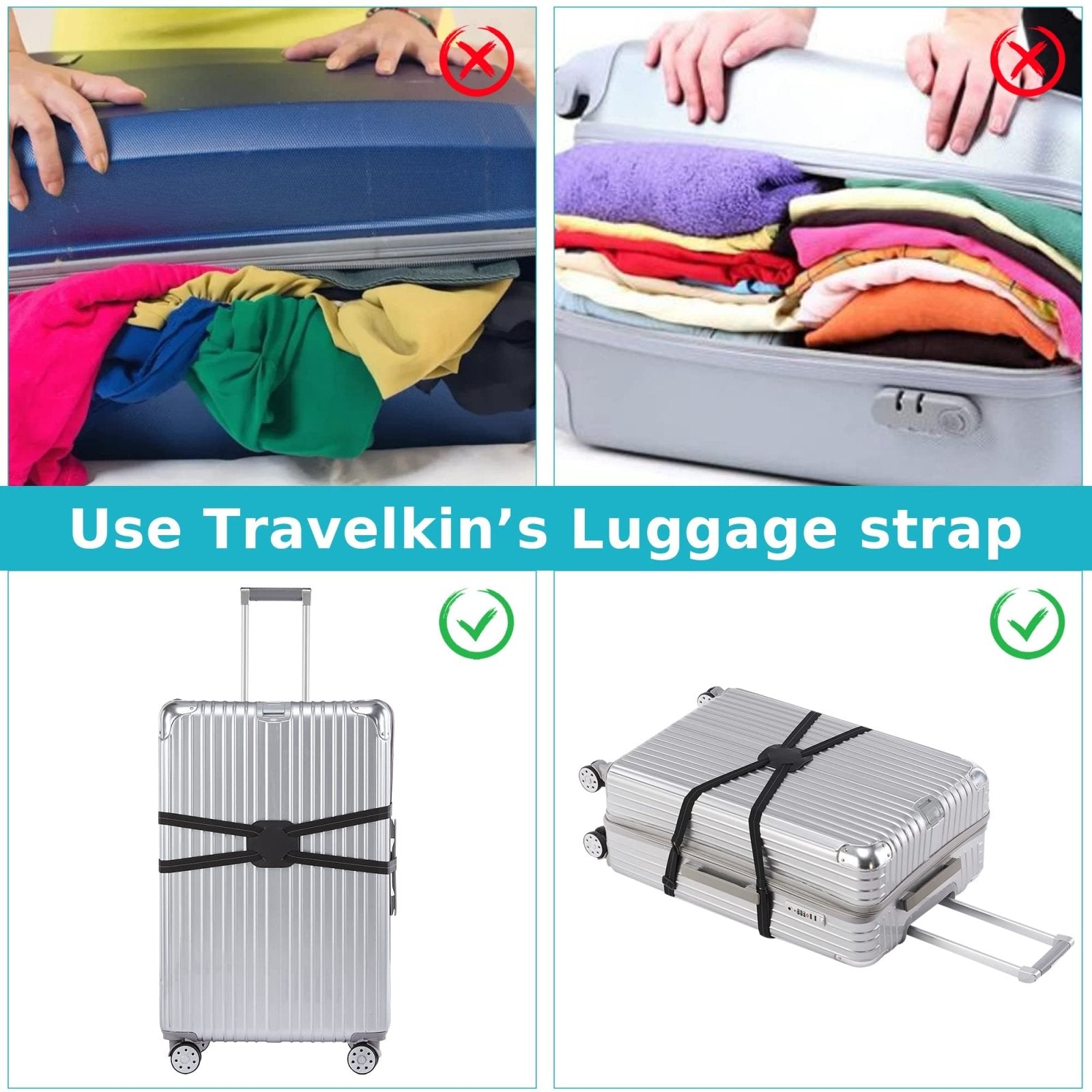Travelkin Luggage Straps for Suitcases, Luggage Bungee Straps for Attaching Bags, Travel Essentials for Suitcases Add a Bag (Black)